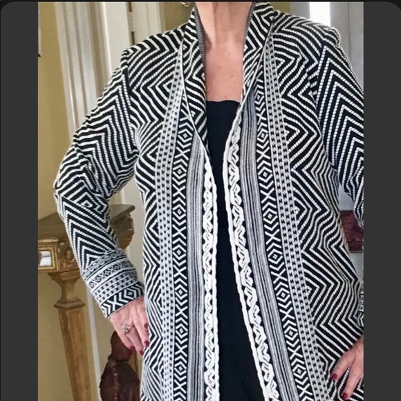 Chico’s Chevron Black and White Stripe Long Open Cardigan - Picture 1 of 9